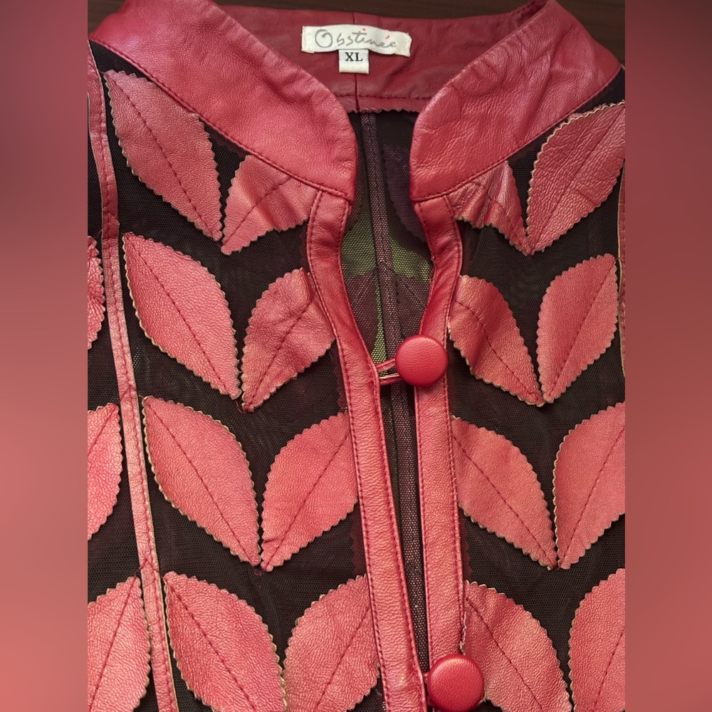 Leather Chic Pink Leaf Patterned Jacket Lining Po… - image 7